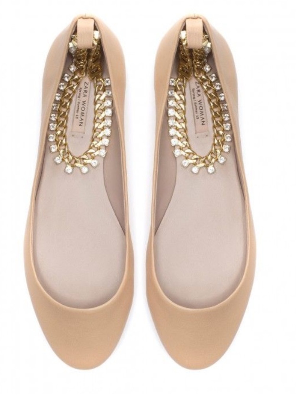 Zara Beige Ballet Flats with Gold Chain Accent size 39